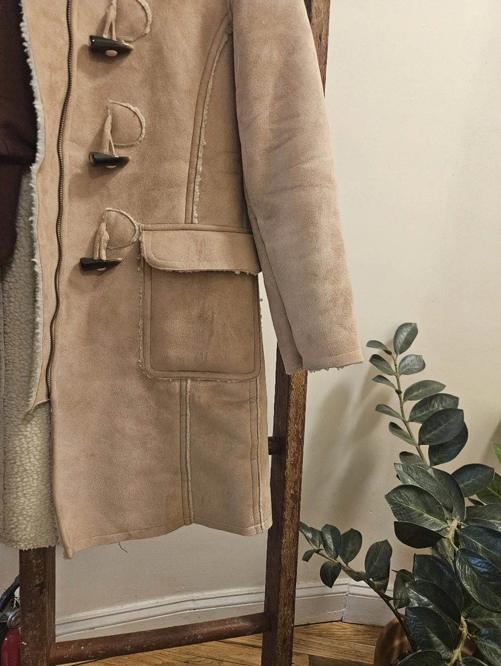 GAP Tan Shearling-Trim Toggle Trench Coat - Picture 4 of 6